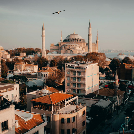 Aerial view of Ayasofya Mosque in Istanbul, Turkey, with surrounding buildings and a bird flying overhead. ZOR Parfums. luxury. perfumes. fragrances.